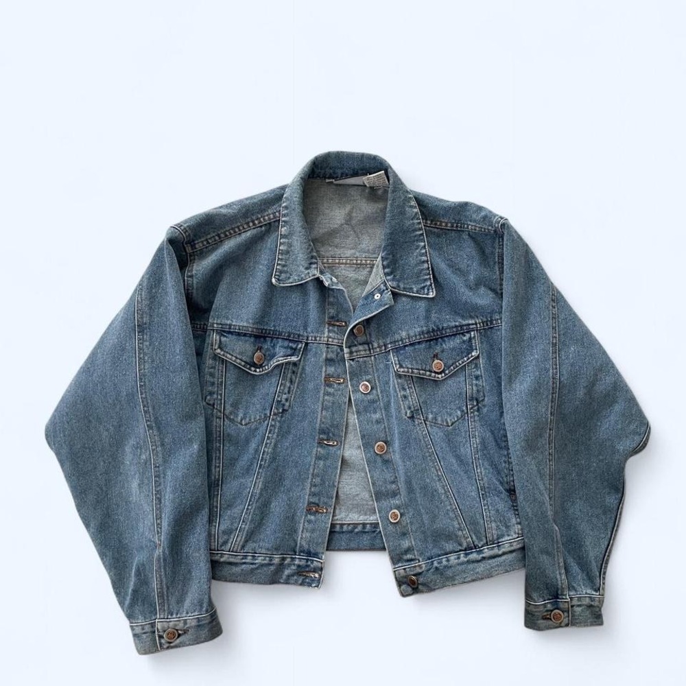 Bill Blass blue vintage denim‎ cropped jacket with button-up front L